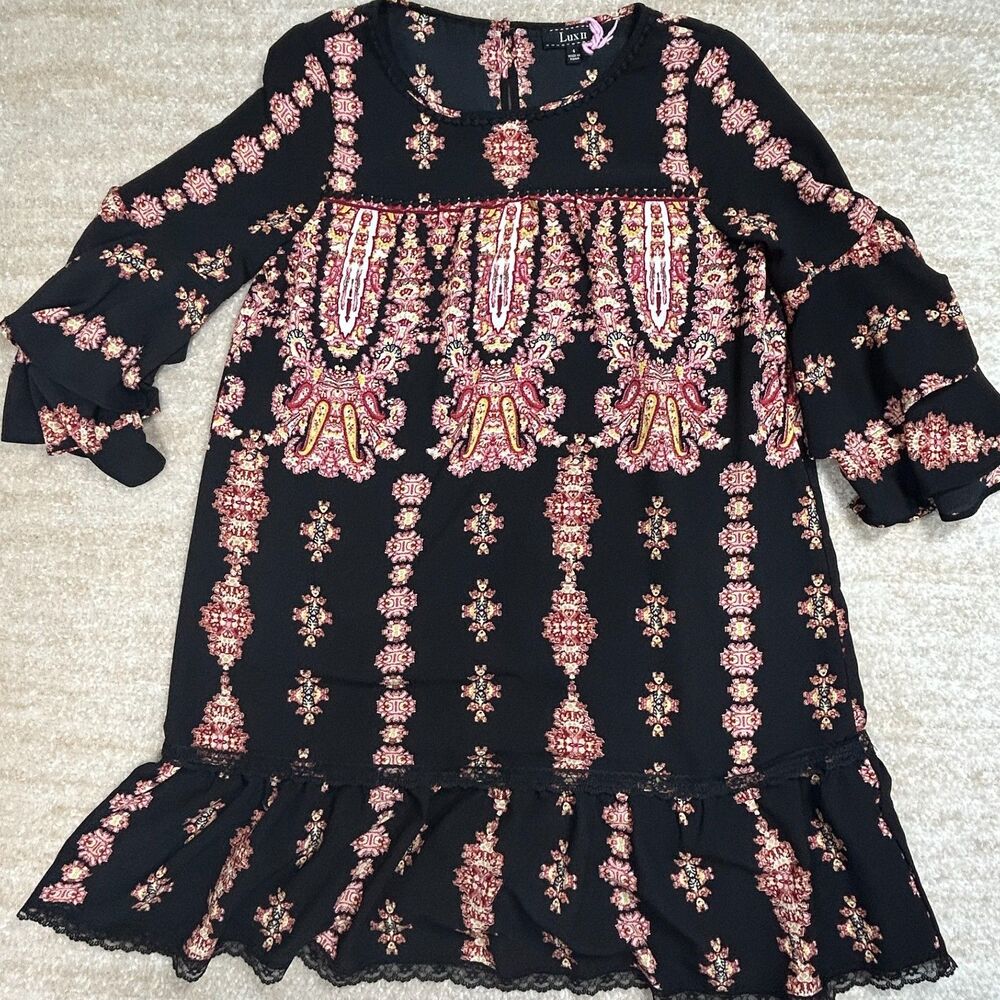 Lux II Womens Dress Size 4 Black Pink Boho Ruffle Hem 3/4 Sleeve Festival